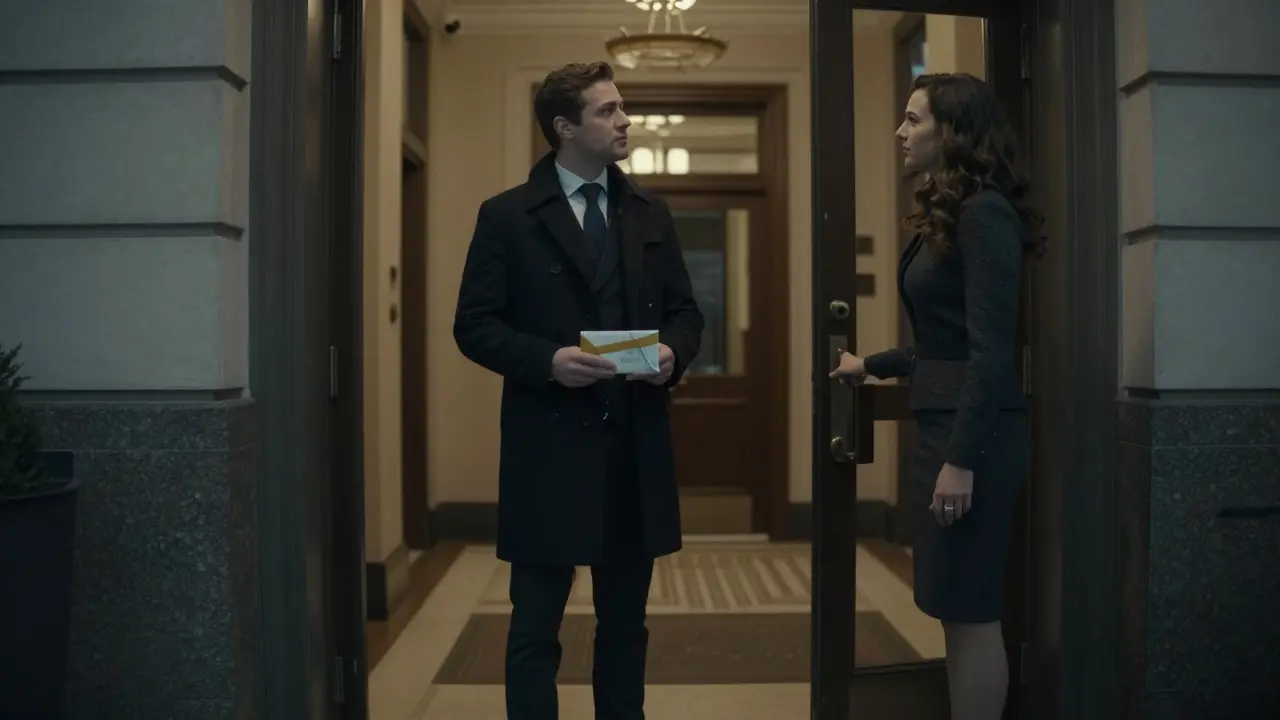 Мужчина в пальто вручает оплату женщине у двери современного здания — момент уважительной встречи.