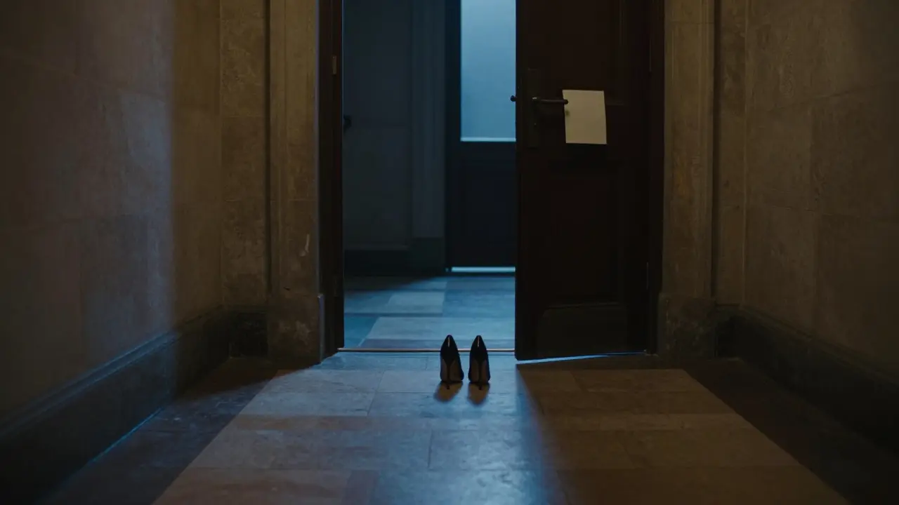 На полу в коридоре — одна пара туфель, дверь приоткрыта, на пороге лежит записка без текста.