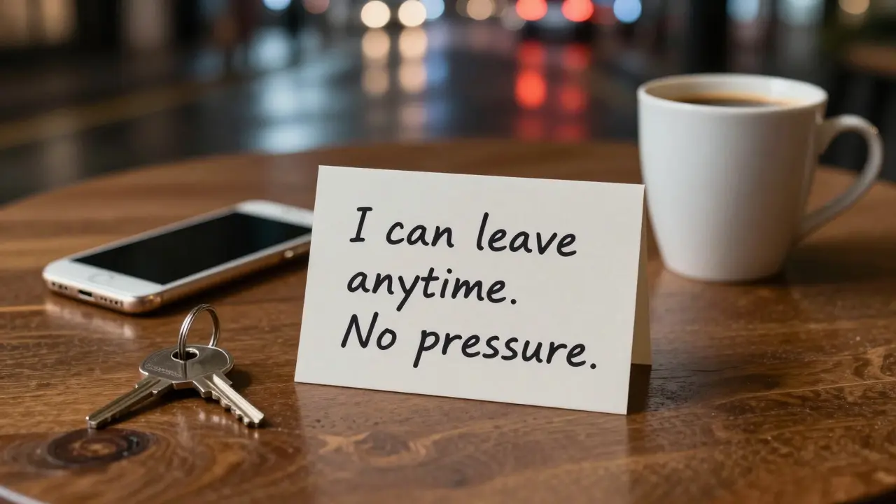 На столе лежит записка 'Я могу уйти в любой момент', ключ и кофе — символ безопасности и автономии.