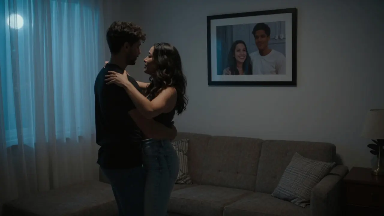 Пара танцует в гостиной без музыки, вспоминая моменты после встречи с эскорт-партнёром, в окне — лунный свет.