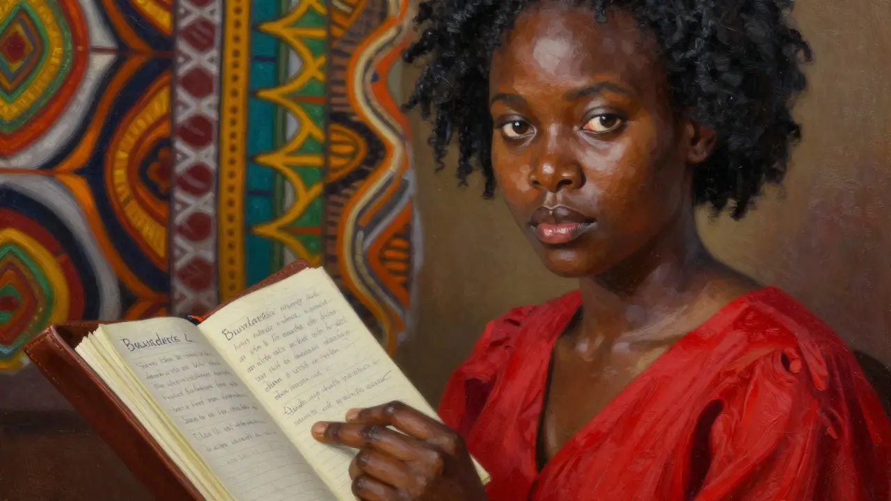 Портрет чернокожей женщины в красном платье с натуральными волосами, смотрящей в камеру с журналом в руке.