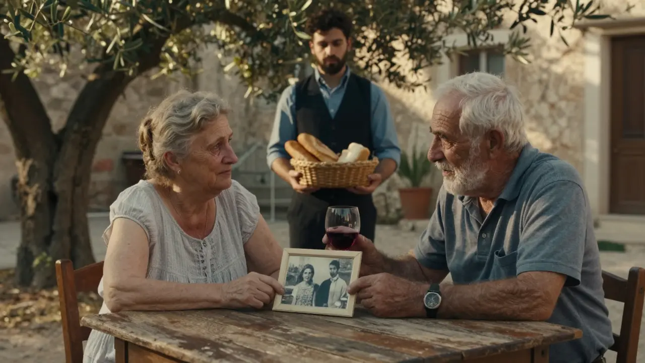 Пожилая женщина в Сицилии пьёт вино с местным жителем, гид наблюдает сзади.