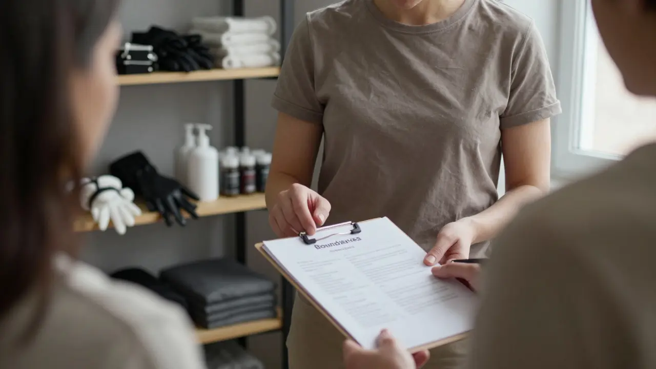 Профессионал и клиент обсуждают границы, рядом видны безопасные материалы для фетишей.