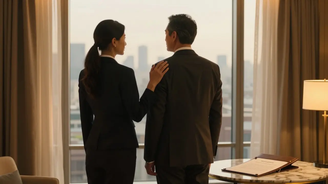 Профессиональная спутница стоит рядом с мужчиной в костюме в люксовом отеле, их спины обращены к камере, тихая, сдержанная атмосфера.