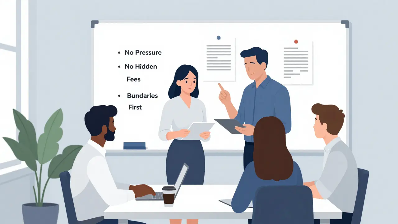 Профессионалы обсуждают этический кодекс для эскорт-услуг в минималистичном офисе.