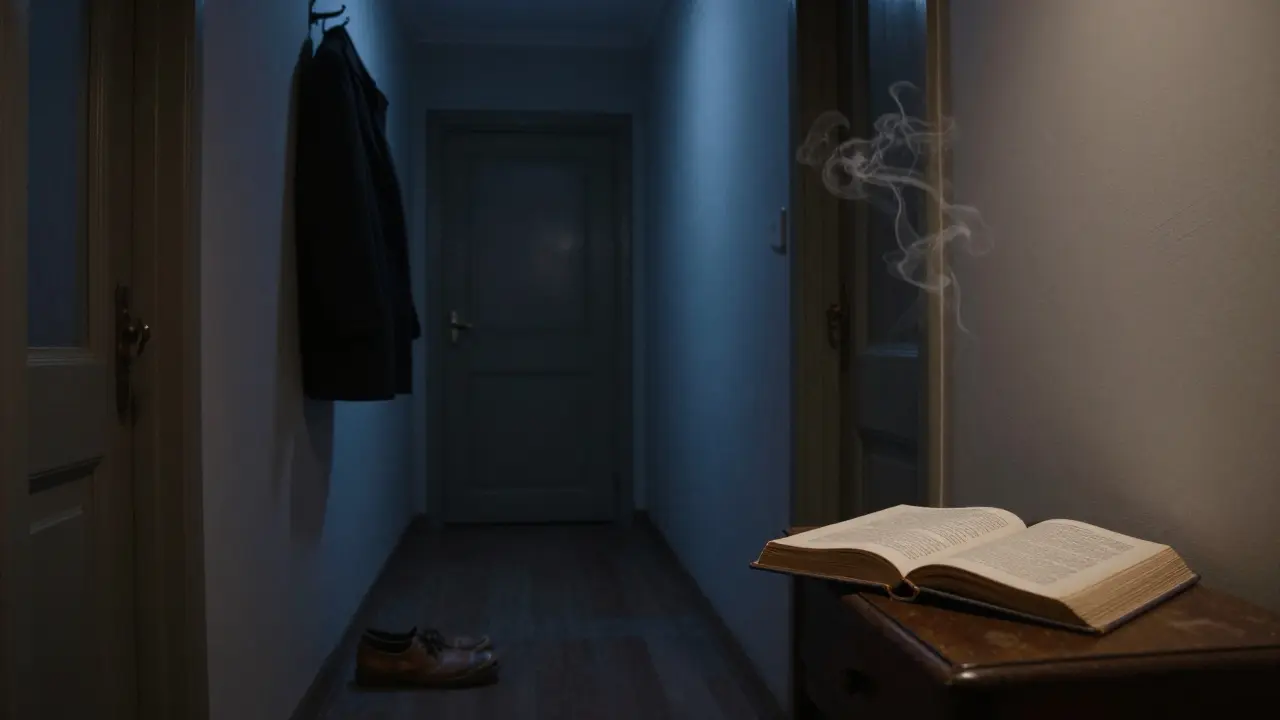 Пустой коридор с туфлями, пальто и открытой книгой стихов на столе.