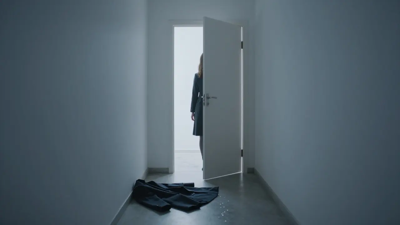 Пустой коридор утром, на полу пальто, оставленное без слов.