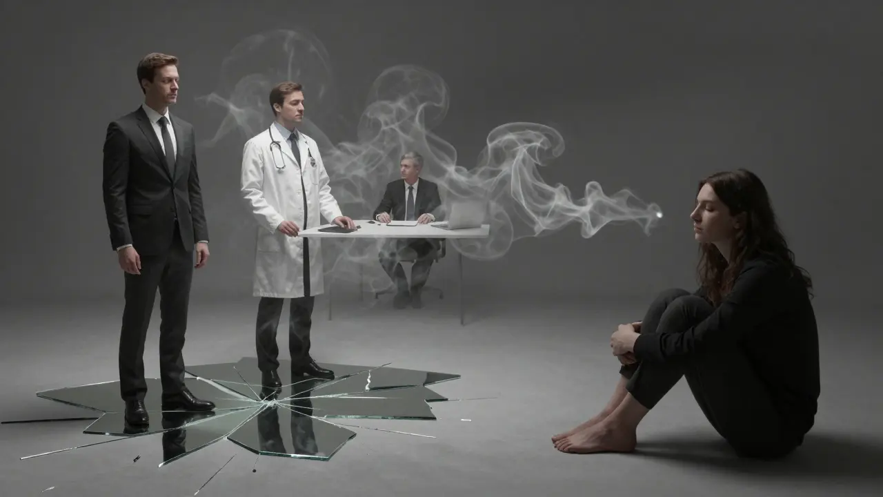 Разбитое зеркало отражает разные социальные роли, исчезающие в дыму — один образ остается спокойным и целым.