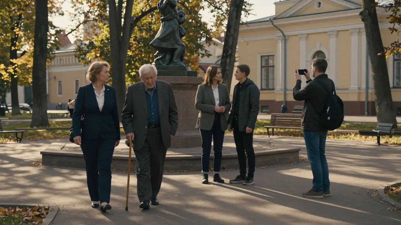 Разные люди в парке: пожилой мужчина с тростью, молодая женщина, иностранец — все в тихих, искренних моментах общения.