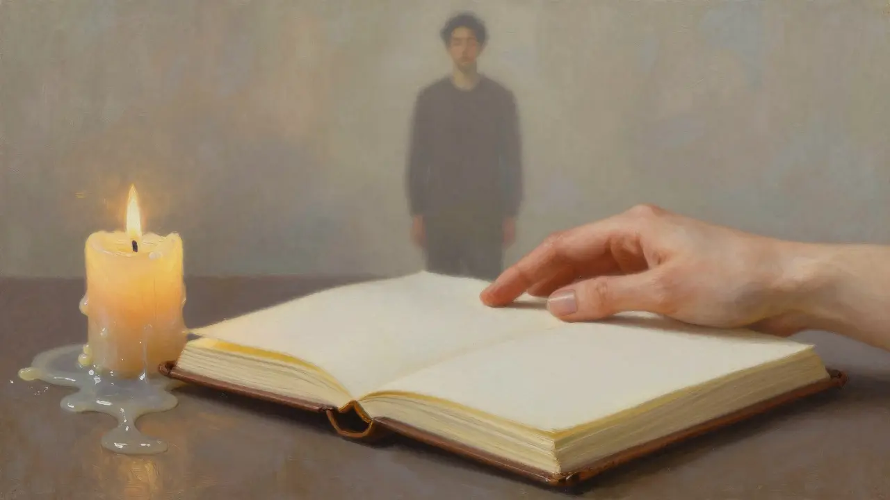 Рука женщины лежит на открытой тетради, рядом свеча тает, за ней — силуэт мужчины с закрытыми глазами.
