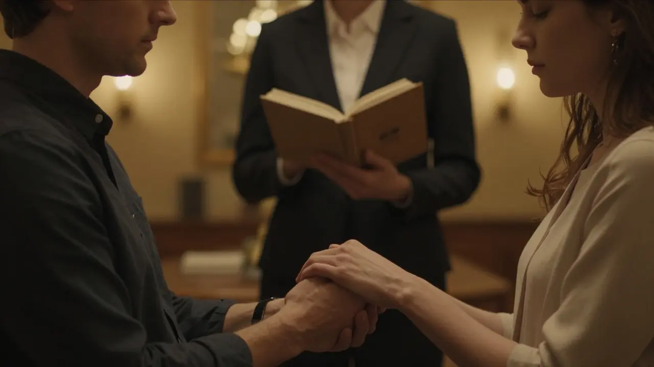 Руки пары держатся за руки, а рядом стоит женщина, читающая стихи, создавая атмосферу эмоциональной близости.