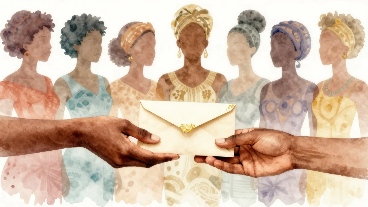 Руки передают конверт с оплатой, на фоне — силуэты женщин из разных культур, символизирующие достоинство обмена.