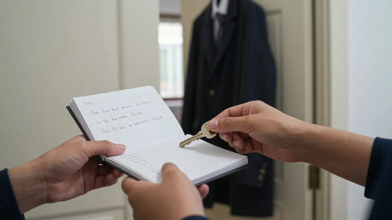 Руки передают записку с правилами и ключ — символ передачи контроля без слов.