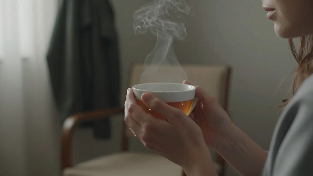 Руки женщины держат чашку чая, слеза падает в жидкость — утро, тишина, эмоциональное облегчение.
