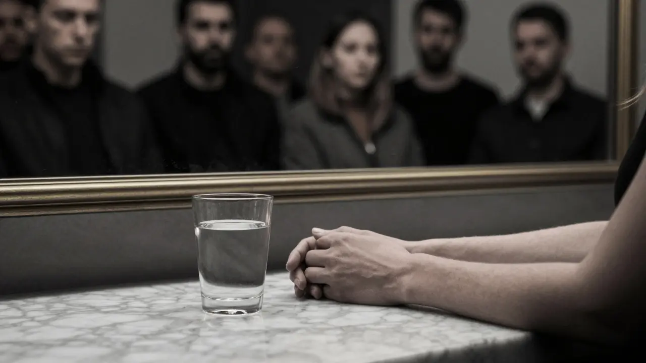 Руки женщины на мраморном столе, отражение в зеркале — мужчины, опустившие глаза.