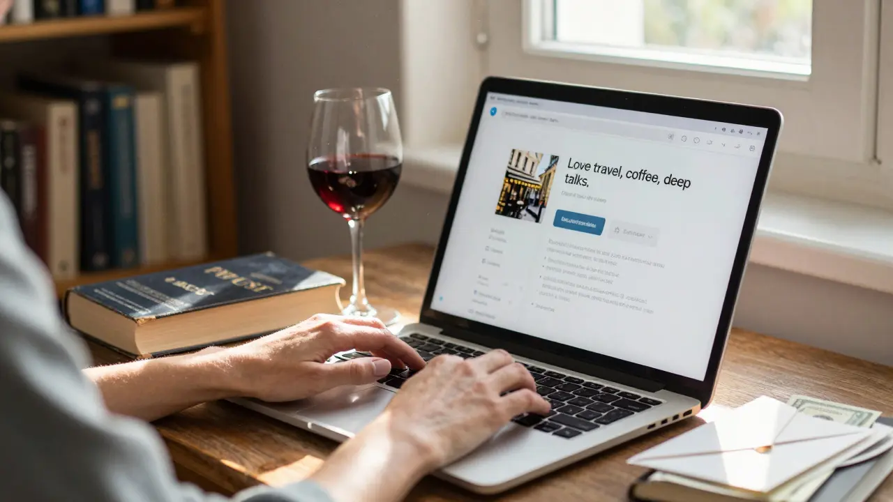 Руки женщины за ноутбуком в уютной комнате с книгами и вином, на экране — приватный чат с намёком на эмоциональное сопровождение.
