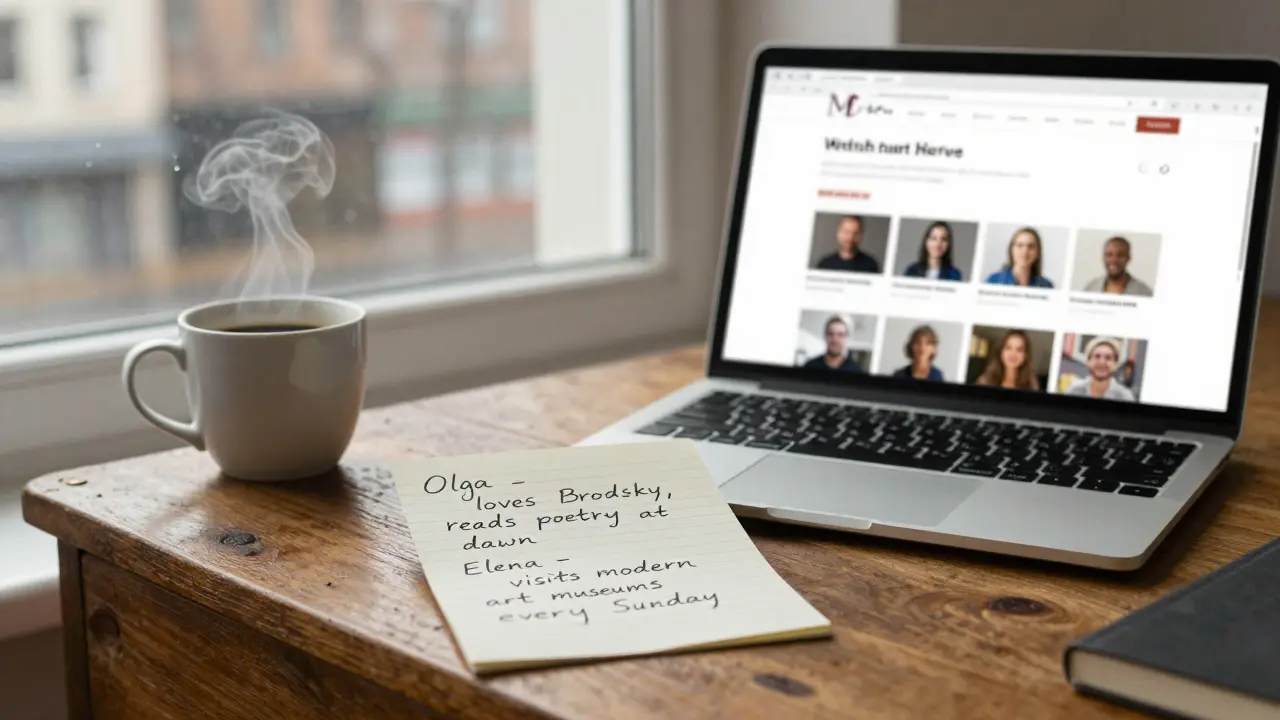 Рукописная заметка с биографиями сопровождающих на фоне кофе и дождя за окном.