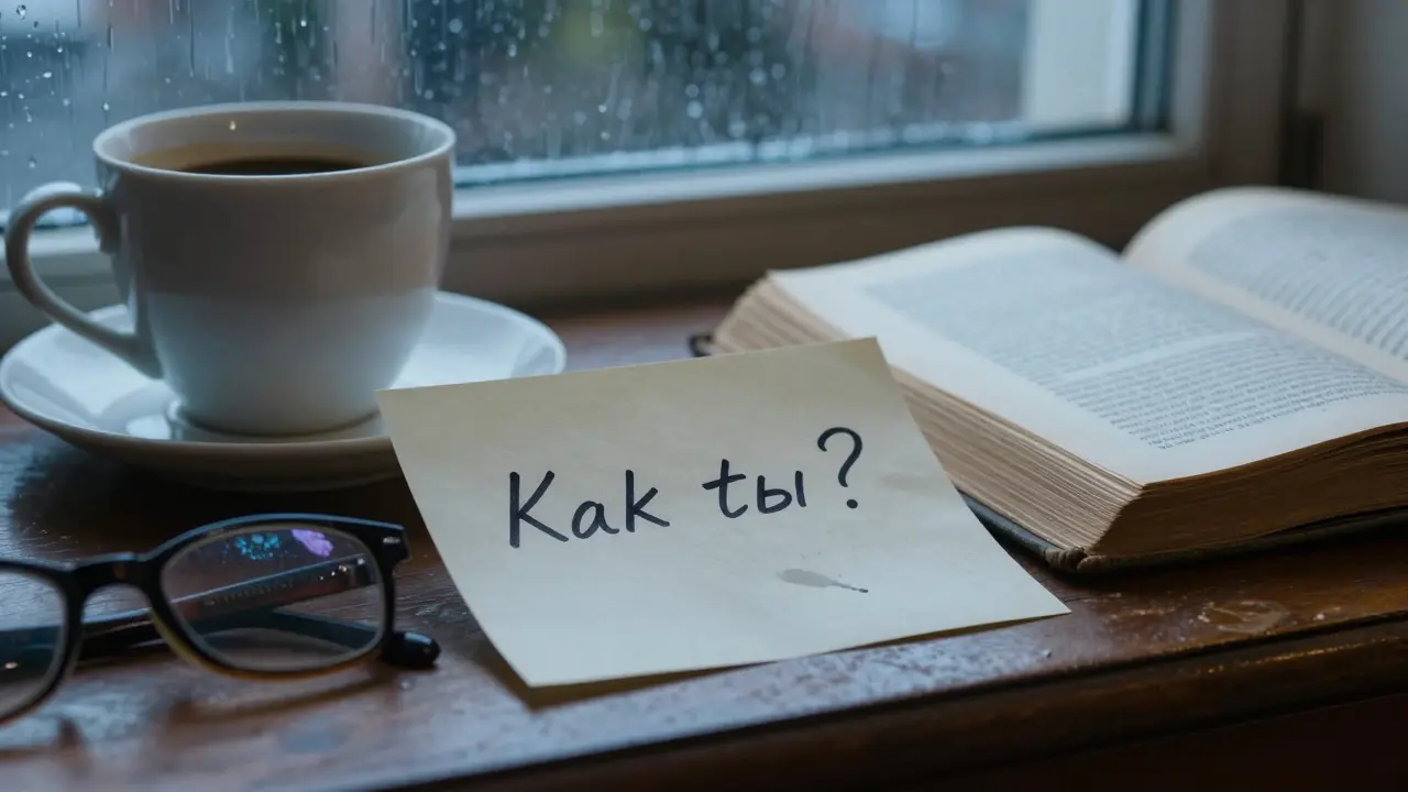 Рукописная записка с вопросом 'Как ты?' лежит рядом с чашкой кофе и открытой книгой на деревянном столе.