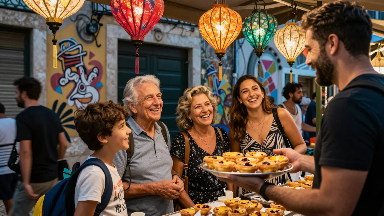 Семейная группа в Лиссабоне с местным гидом у ночного рынка, все смеются.
