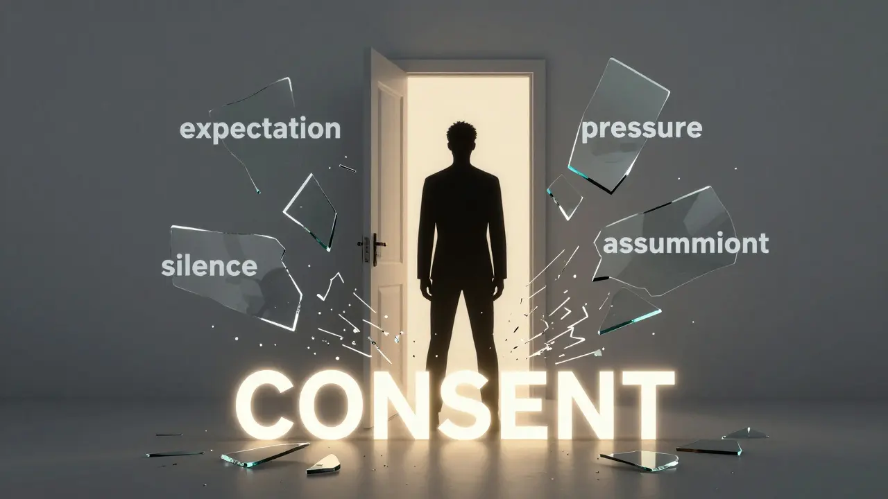 Силуэт человека, вокруг — осколки слов 'давление' и 'молчание', в центре — 'СОГЛАСИЕ'.