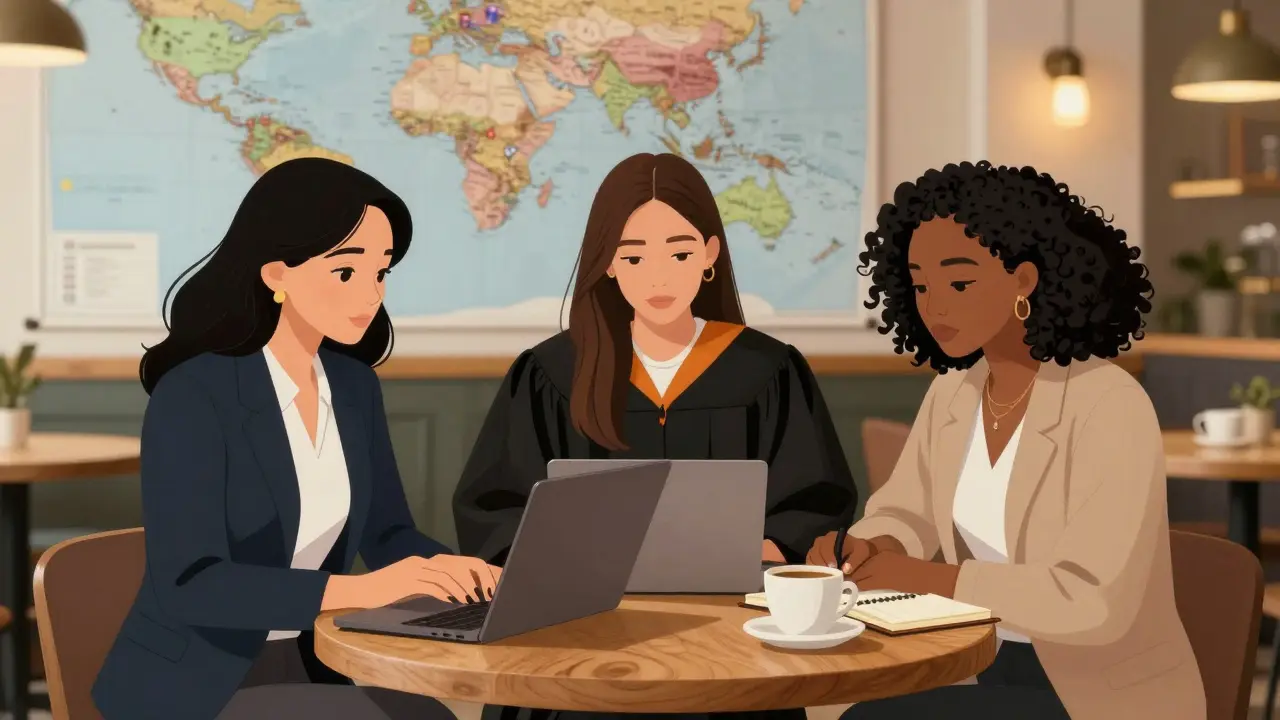 Три латиноамериканские женщины за столом в кафе обсуждают планы, вокруг них книги и карта мира.