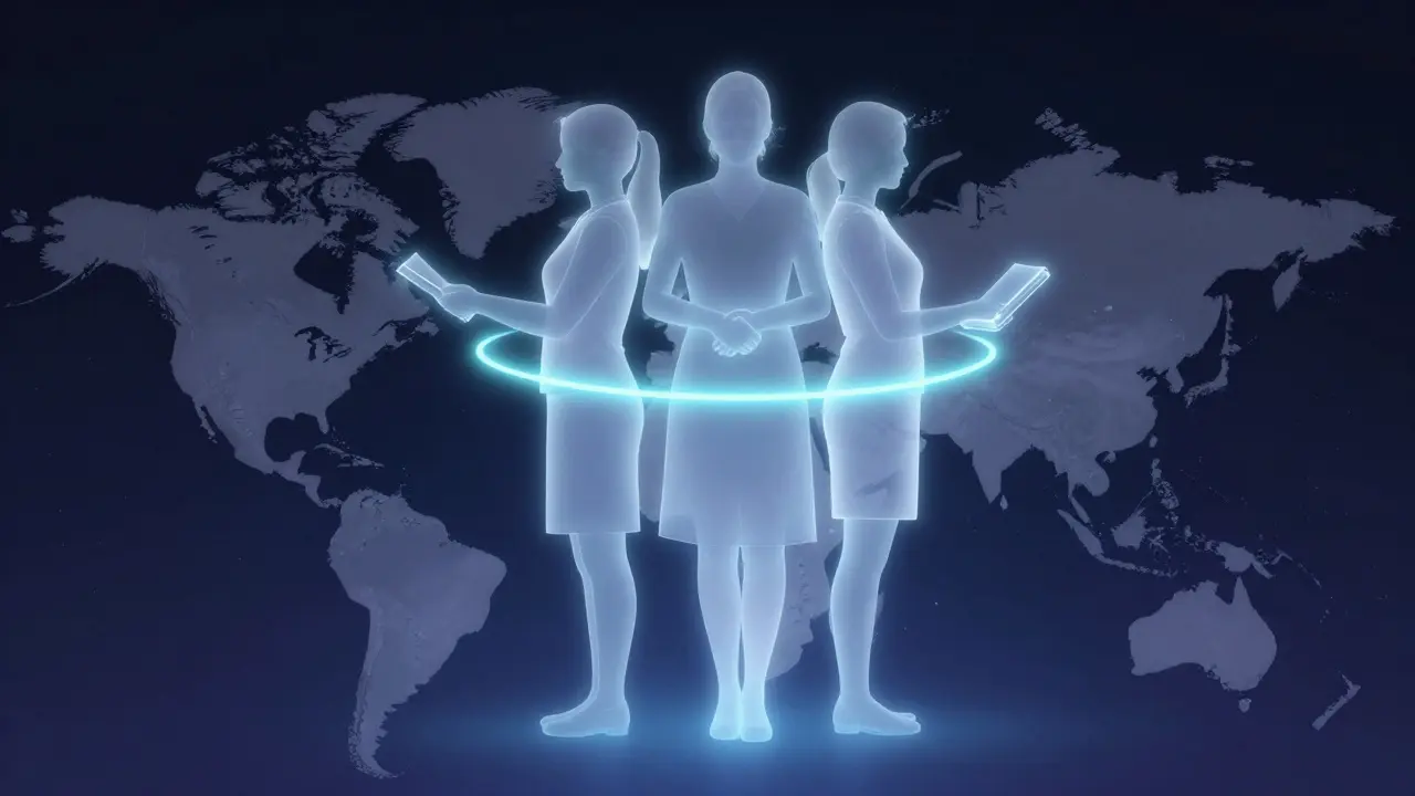 Три прозрачные фигуры женщин символизируют поддержку, культуру и личные границы в индустрии сопровождения.