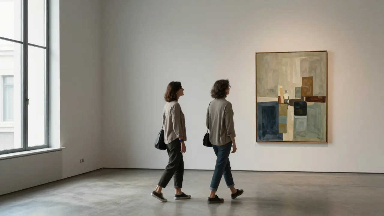 Женщина и сопровождающий наблюдают за современным искусством в музее.