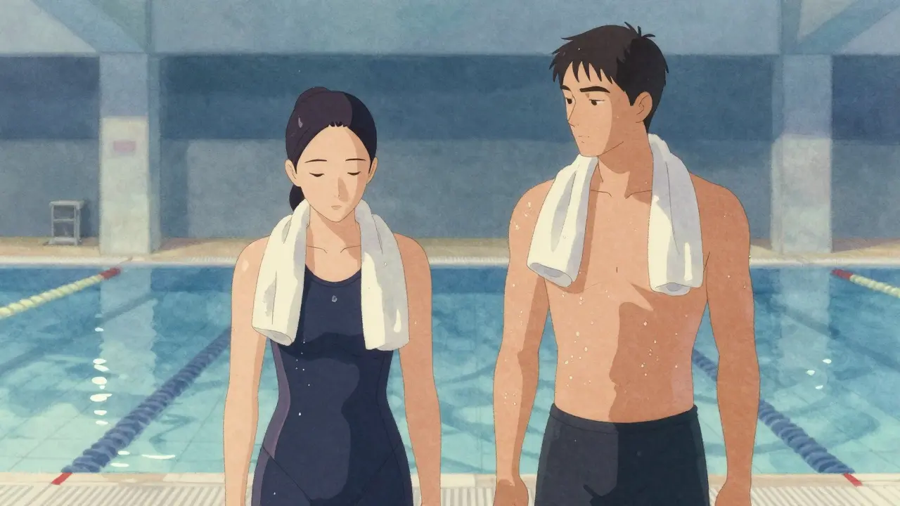 Женщина и тренер стоят после плавания, молчаливо, с каплями воды на коже, в тишине после нагрузки.