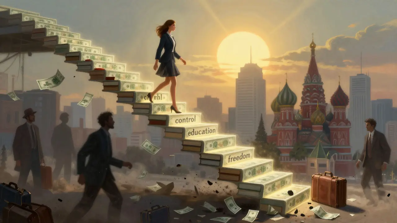 Женщина поднимается по светящейся лестнице из денег и книг, тени стереотипов разрушаются под ней.