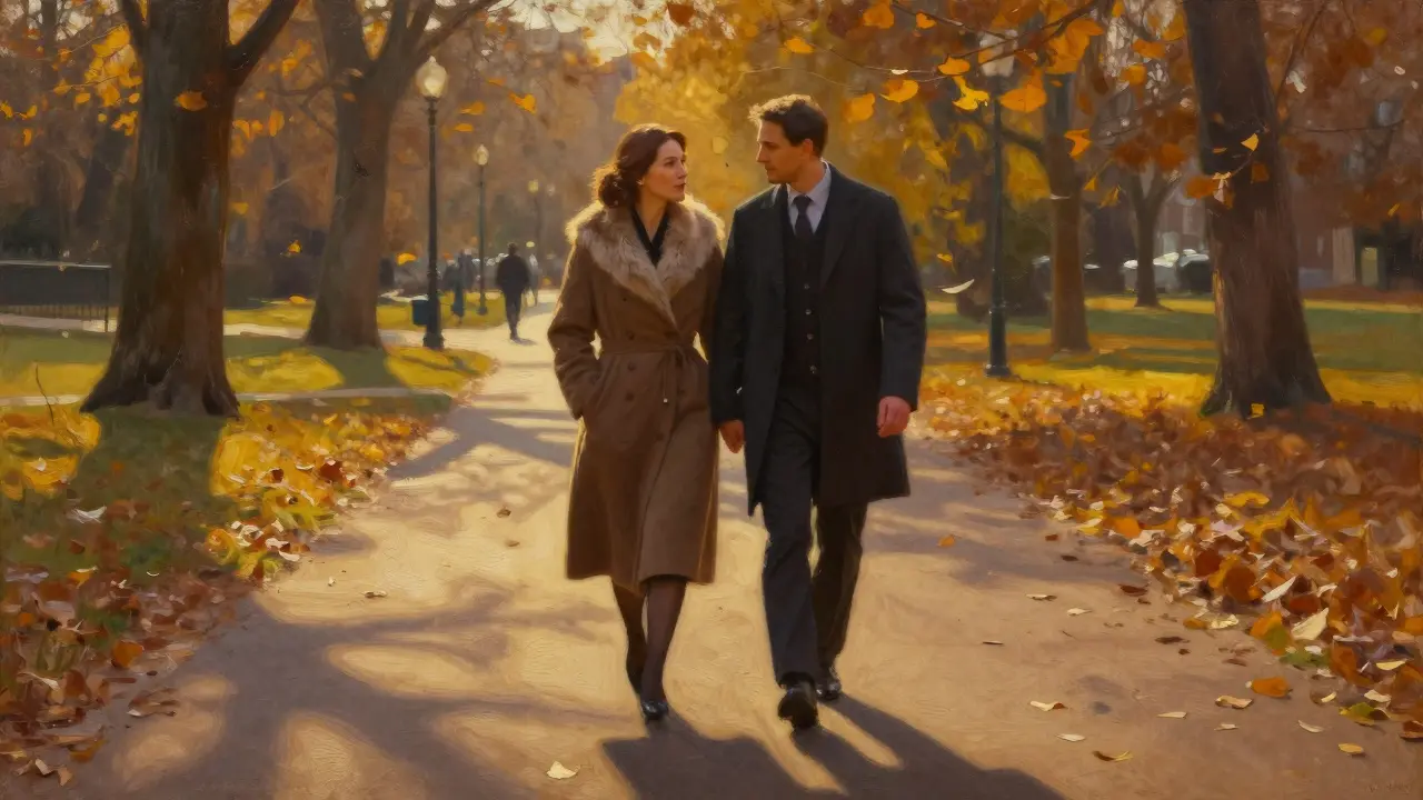 Женщина с полными формами и мужчина гуляют по парку при закате, держась за руки