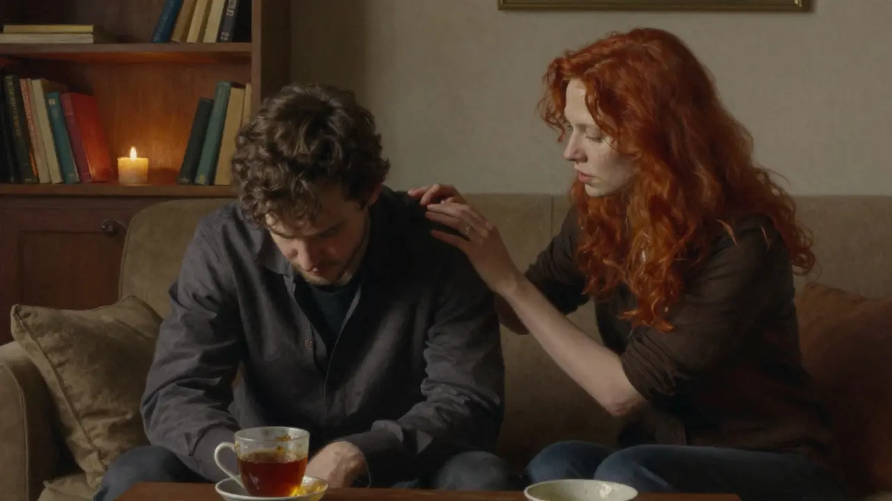 Женщина с рыжими волосами кладёт руку на плечо мужчины, сидящего молча на диване.