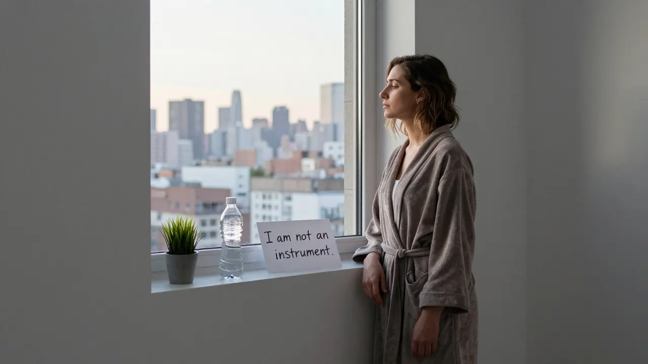 Женщина смотрит в окно на рассвете, на подоконнике — вода, растение и записка: 'Я не инструмент'.