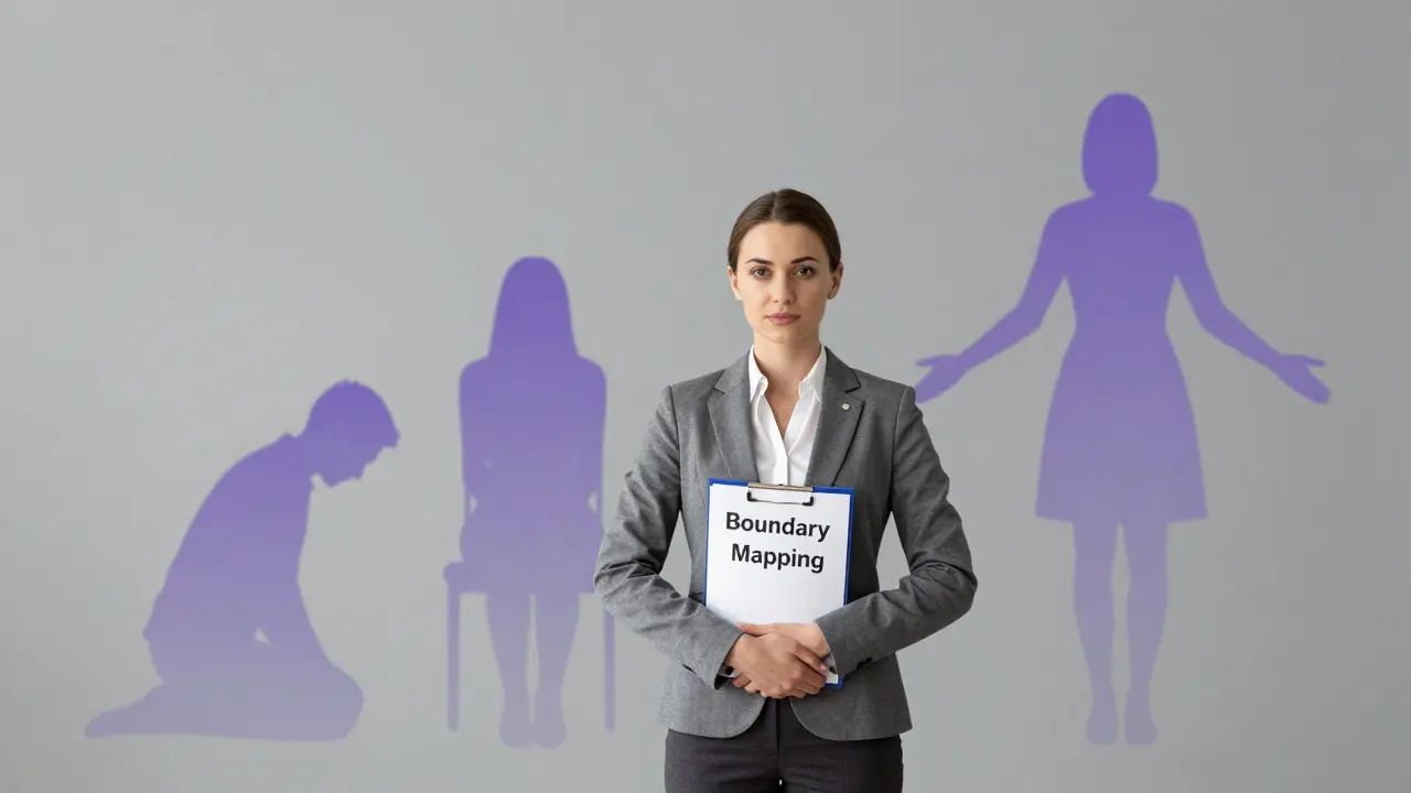 Женщина-специалист в минималистичной комнате держит папку с обозначением границ, за ней — силуэты клиентов.