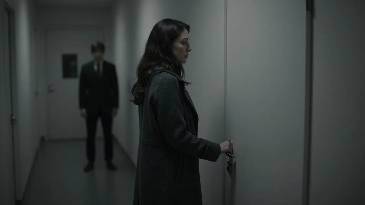 Женщина у двери, её отражение в зеркале размыто, за спиной — тень уходящего человека.