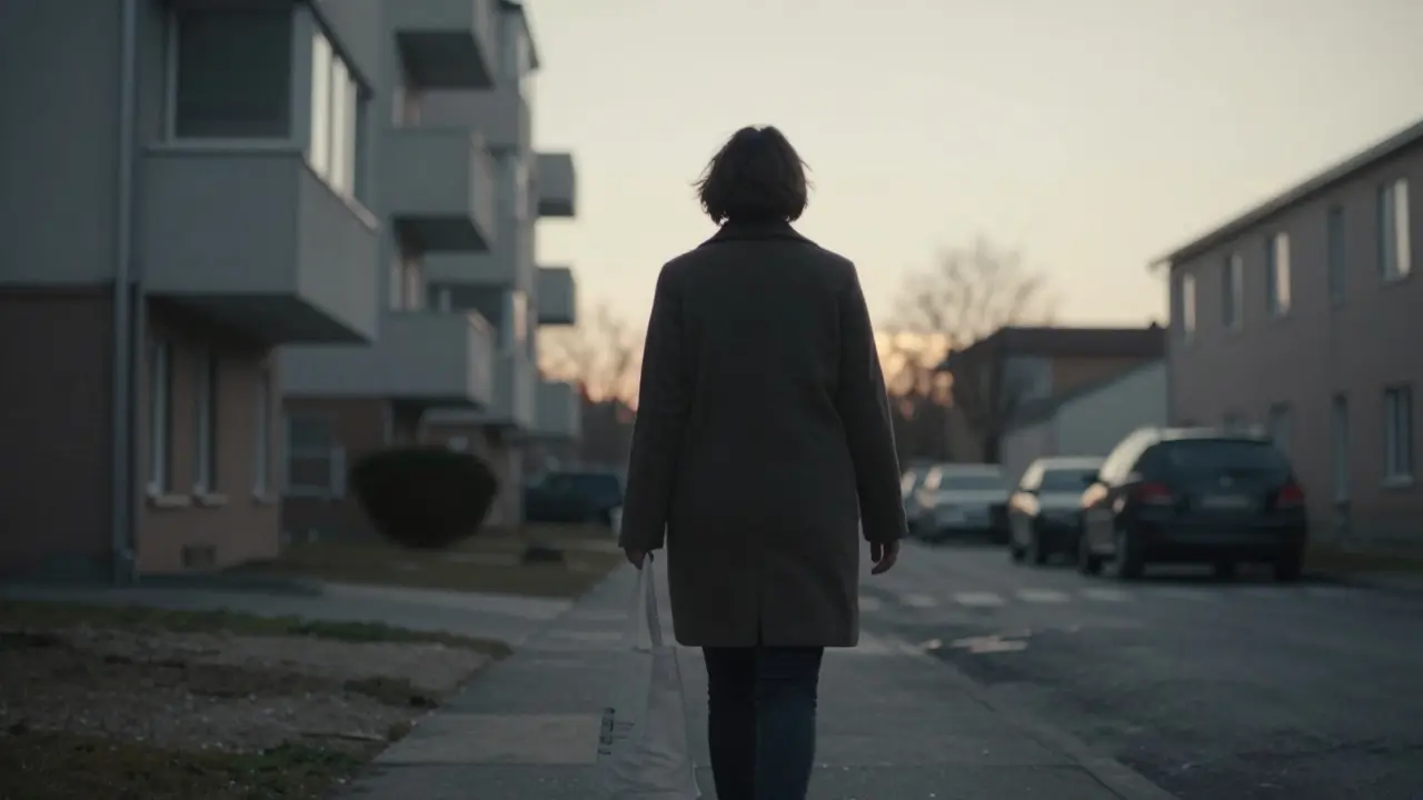 Женщина уходит от дома на рассвете, неся сумку, в тишине утреннего города.