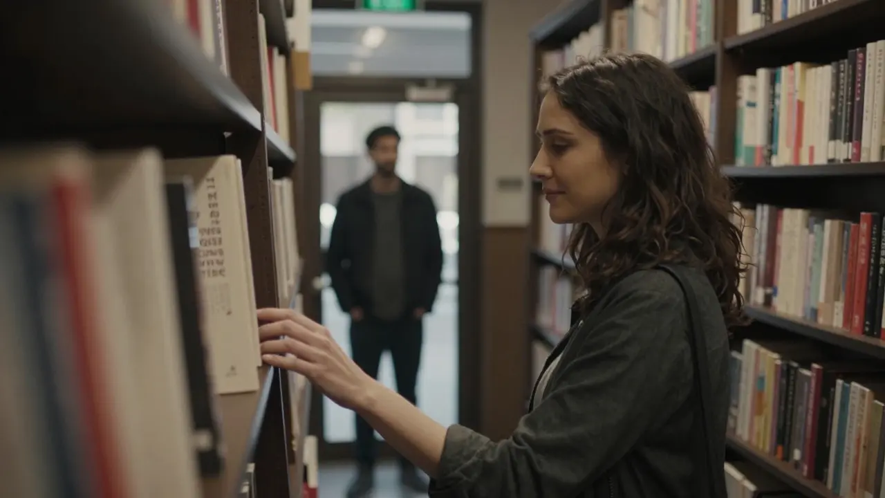 Женщина в библиотеке касается книг, её отражение в стекле показывает мужчину, который медленно подходит.