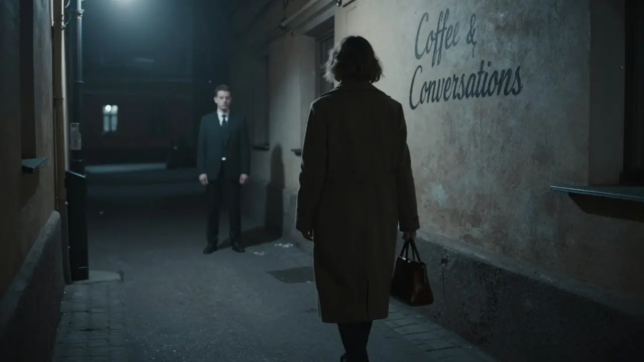 Женщина в пальто уходит по тёмному переулку, за ней — тень мужчины, на стене — едва заметная надпись 'Кофе и разговоры'.