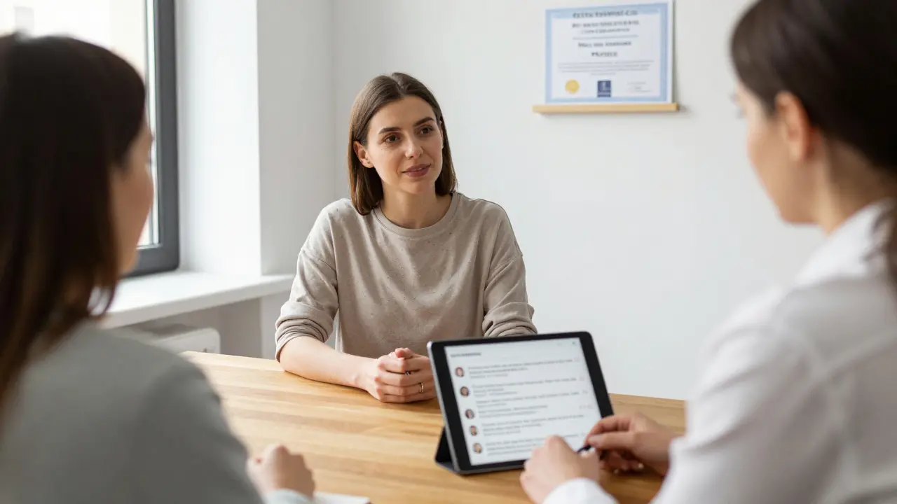 Женщина в повседневной одежде беседует с клиентом в современной комнате, на стене — отзывы и сертификаты.