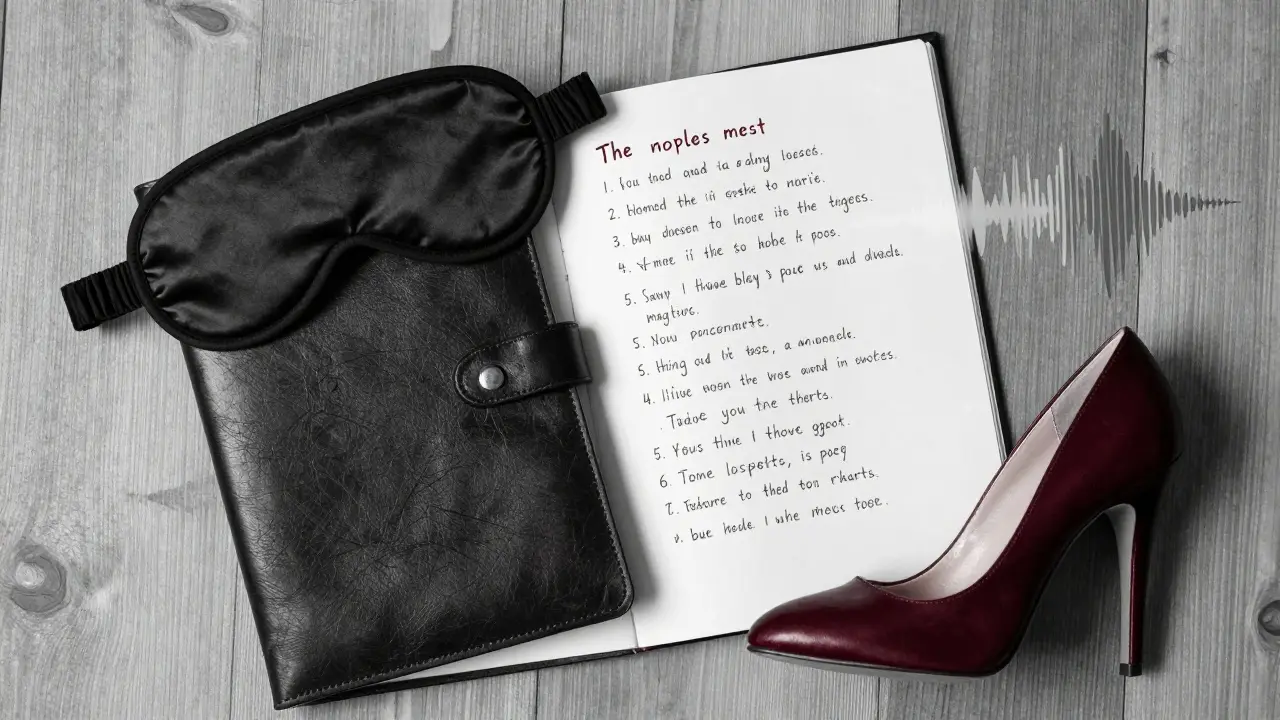 Абстрактная композиция: повязка на глаза, дневник с правилами, туфля на полу — символы доверия и контроля.