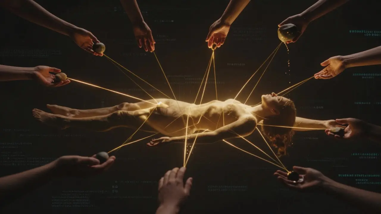 Абстрактное изображение человеческой фигуры, окутанной золотыми нитями прикосновений, символизирующих эмоциональную поддержку.