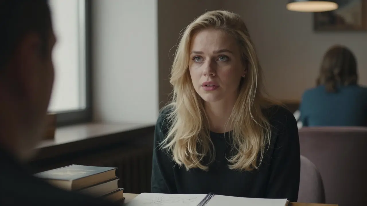 Блондинка в кафе внимательно слушает собеседника, вокруг книги и рисунки.