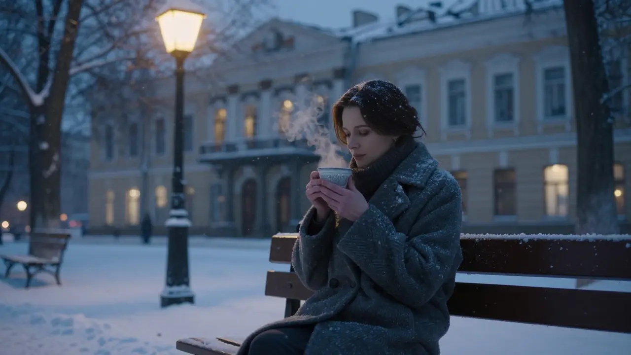 Большая женщина сидит на скамейке под снегом, пьёт чай в январский вечер.