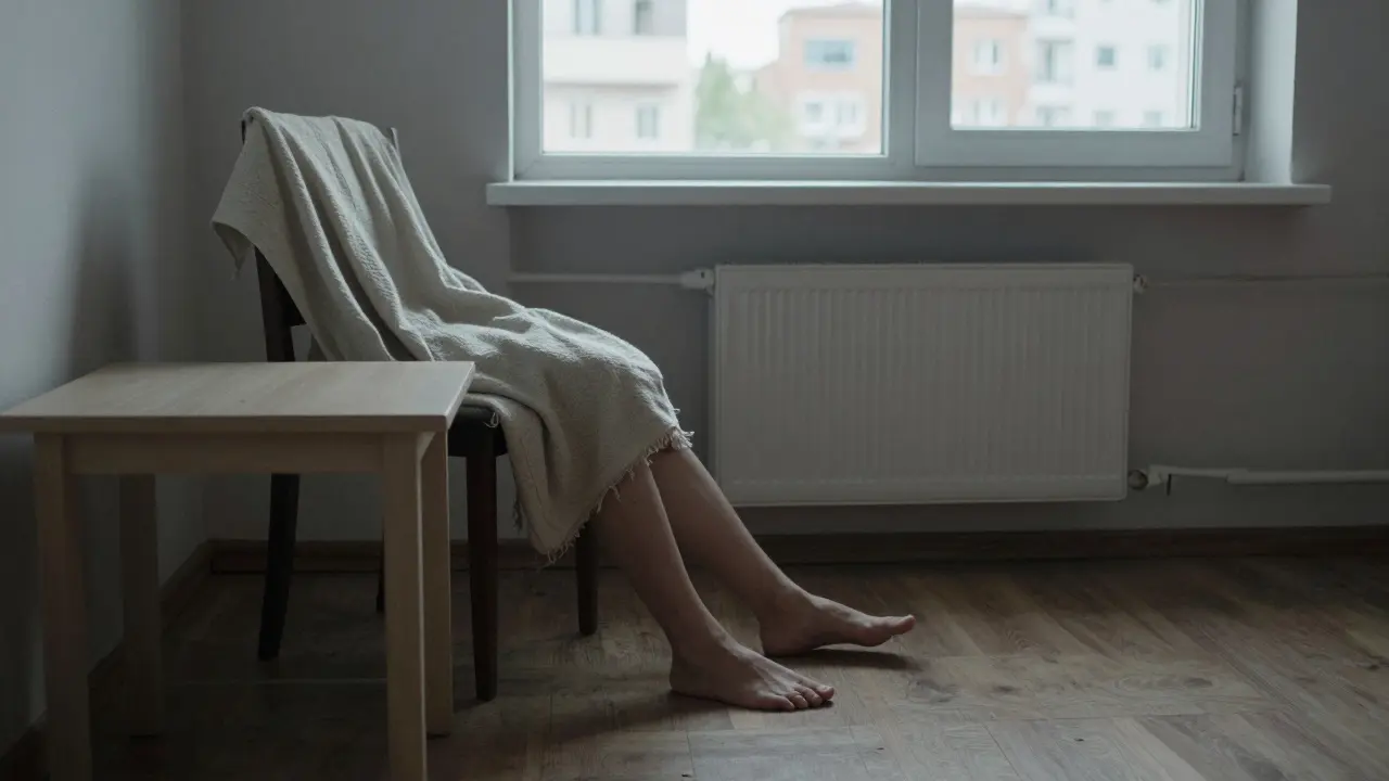 Босые ноги на полу в простой комнате, без украшений, в атмосфере тишины и уединения.