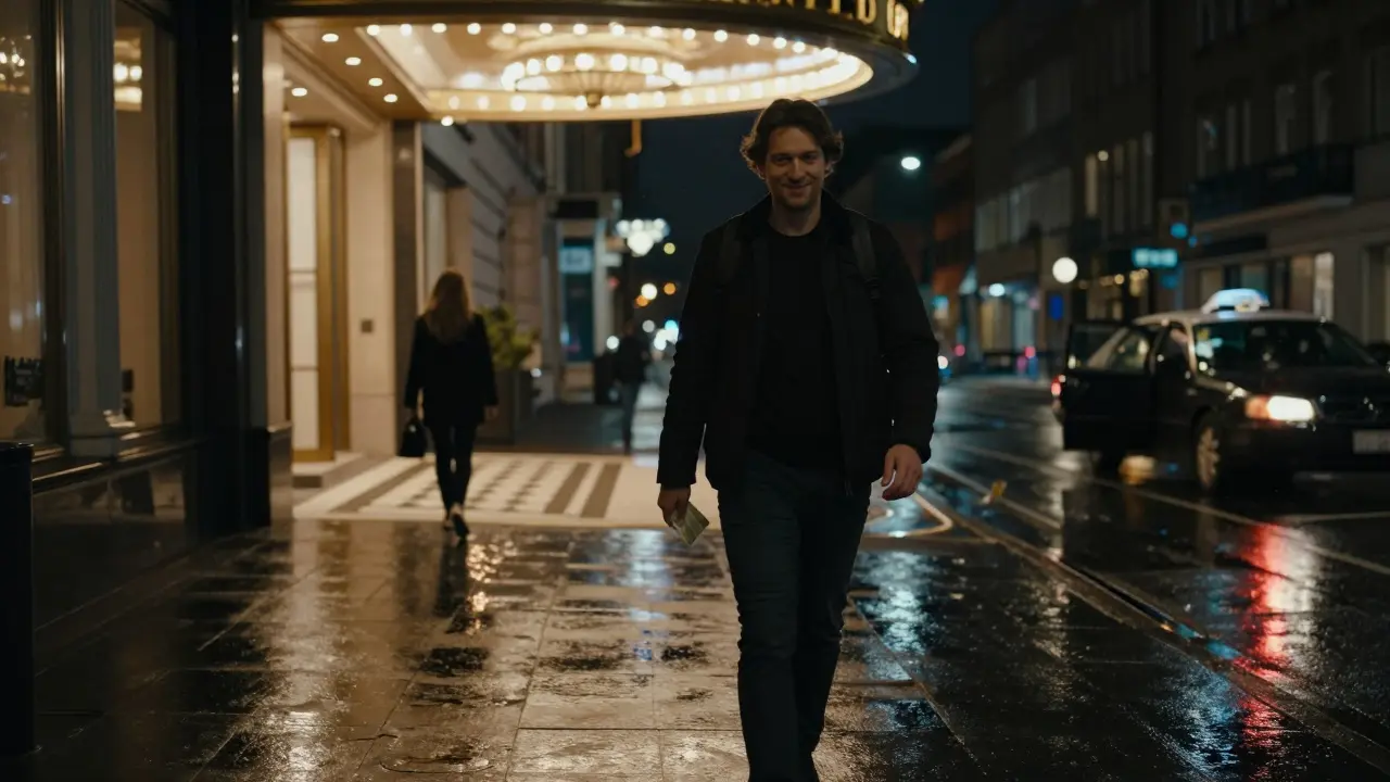 Человек уходит от отеля в Ово вечером, держит конверт с деньгами, рядом такси.