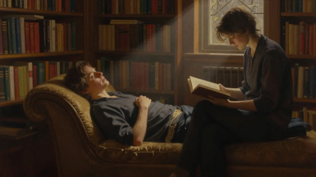 Человек в библиотеке отдыхает, рядом — спутник, читающий тихо, без слов.