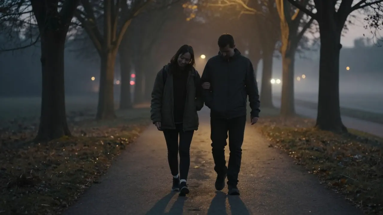 Два человека идут вместе на закате, их тени сливаются на дорожке.