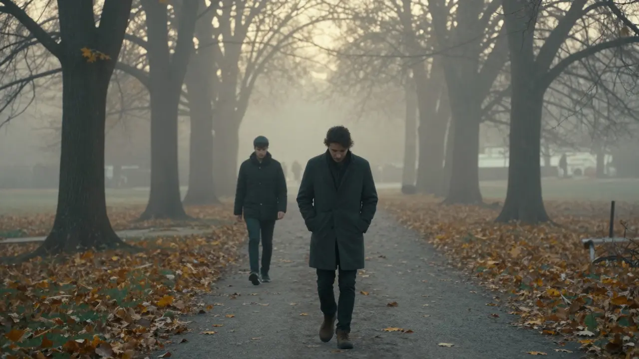 Два человека медленно идут по туманному парку утром, не говоря, но будто вместе.
