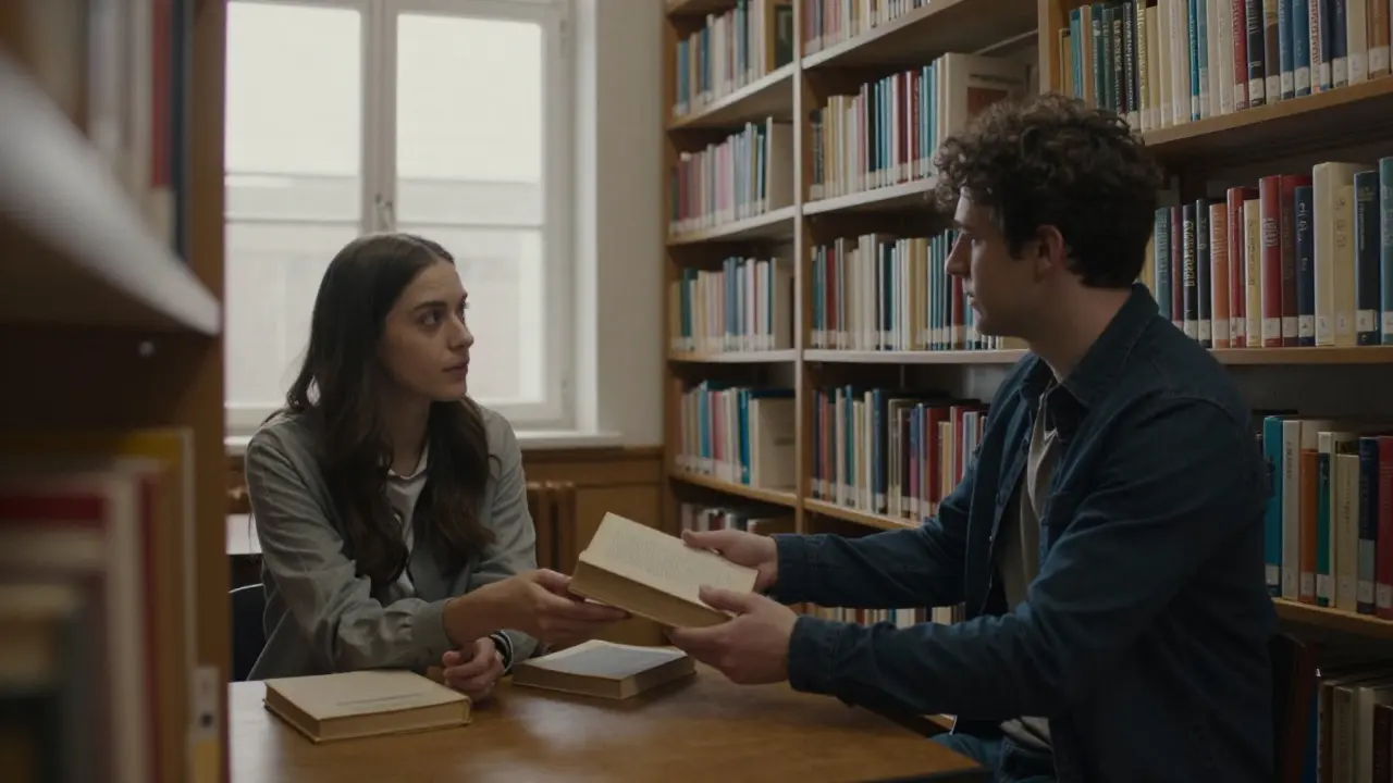 Два незнакомца в библиотеке обмениваются книгой, их взгляды полны уязвимости, без ожиданий и платы.