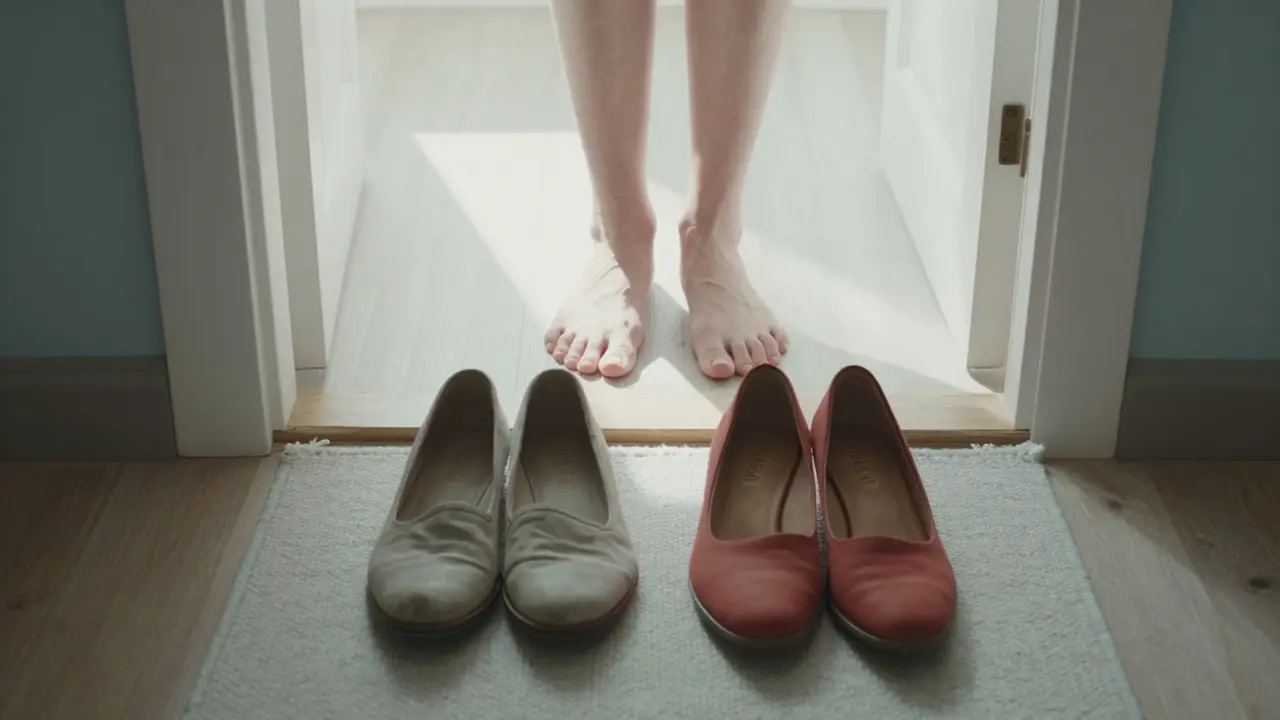 Две пары обуви у двери и босые стопы на ковре — символ уважения и тишины после встречи.