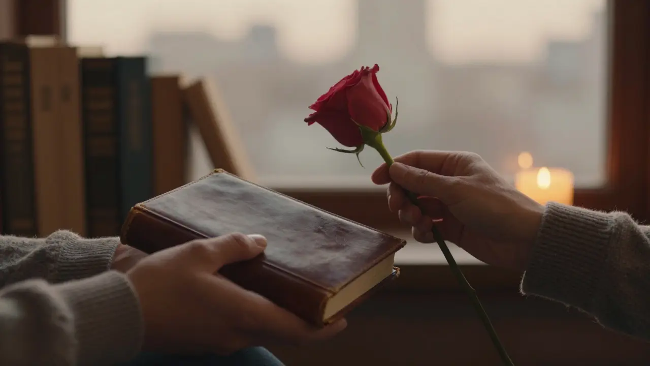 Две руки — одна держит книгу, другая — розу — в тёплом свете свечи, лица не видны.